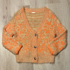 Altar’d State Floral Knit Acrylic Button-Up Cardigan Sweater-Orange and Tan